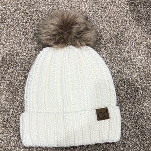 C.C Kids Cream Knit Beanie with Brown Pom